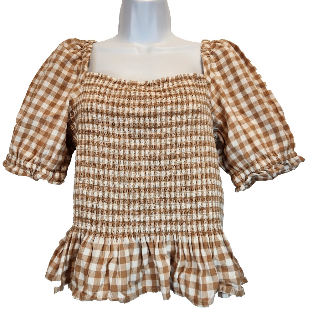 J Crew Women`s Size M Brown Check Flannel Smocked Top Puff Sleeves Boho Style
